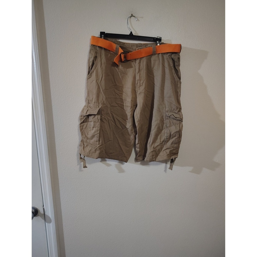 Joe College Mens Khaki Cargo Shorts Size 36 Tan with Orange Belt Casual Utility